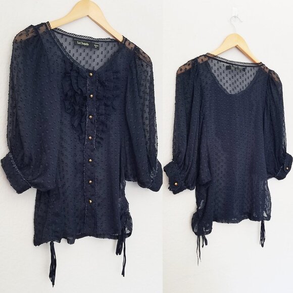 La Chapelle Navy Blue Sheer Chiffon Ruffle Batwing Blouse Top Romantic Coquette - Picture 1 of 15